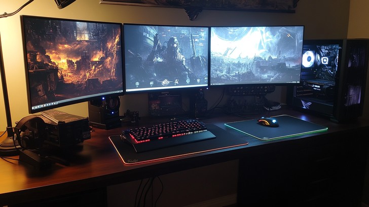 Gamer playing on PC with multiple monitors - Free Gamer's workstation setup Photo - Gaming, Desk, Monitors ...
