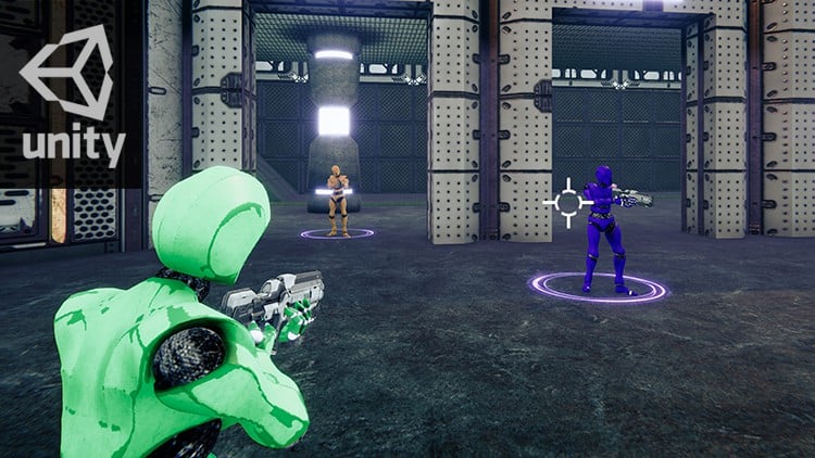 Gamer playing action RPG on glowing PC setup - Make a Multiplayer Game in Unity | Udemy