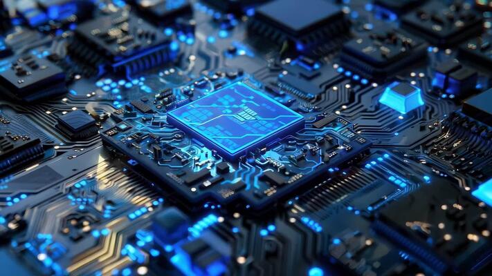 Close-up of microchip on circuit board - Close-up view of a glowing microchip on a circuit board ...