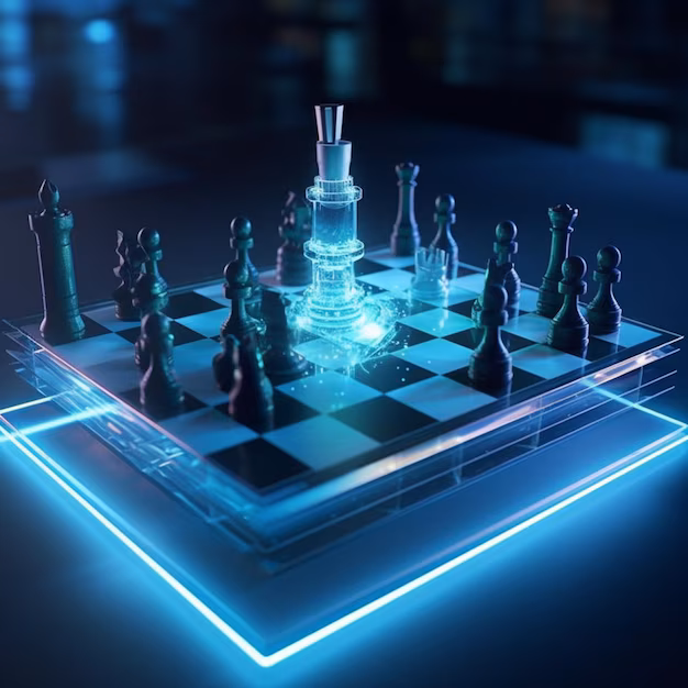 Glowing chess pieces on a board - A close up of a chess board with a glowing chess piece generative ...